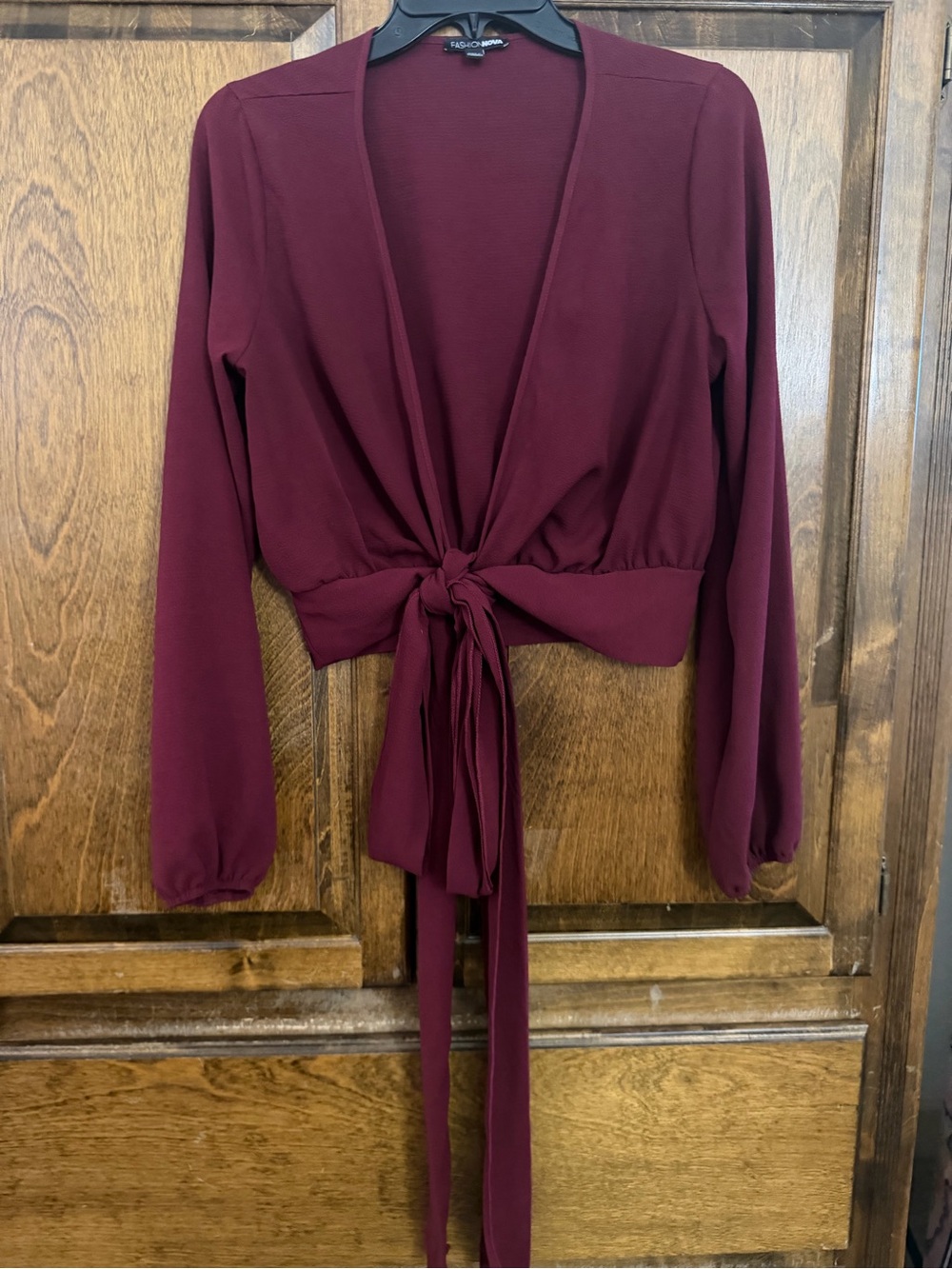 Fashion Nova Burgundy Long Sleeve Crop Top with Tie Detail